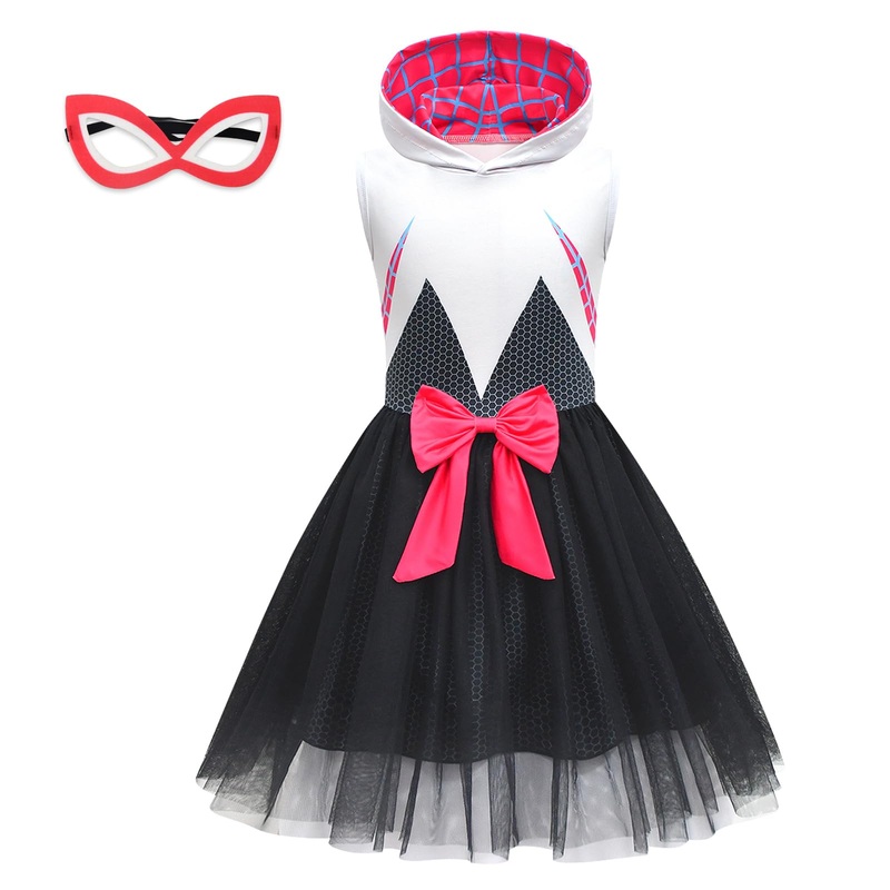 Maturead Little Girls Spider Mesh Gwen Cosplay Tulle Dress Princess Dress Kids Hero Costume With Eye Mask