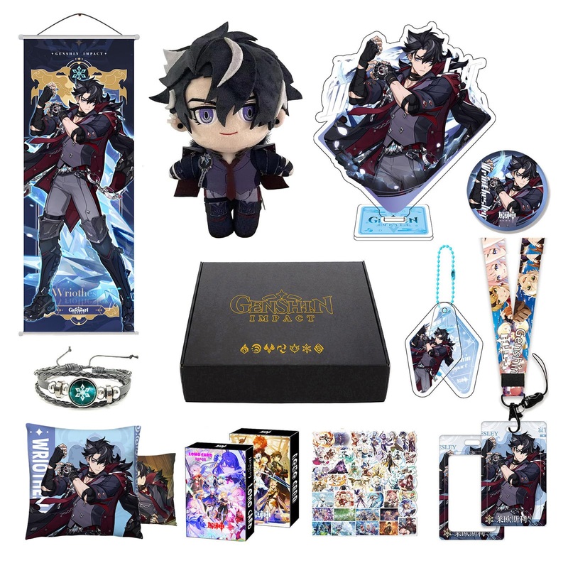 MOTAO Genshin Impact Box Wriothesley Merch Set – Plush Doll, Poster, Mouse Pad, Stand Figure, Bracelet, Badge, Keychain, Card Ho