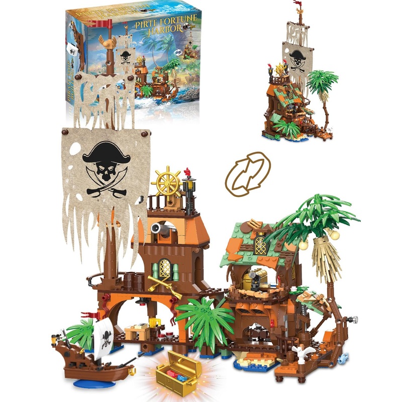 Pirate Ship Building Kit, 2-In-1 Pirate Wharf Building Set For Adults, Building Toys Gift For Kids Boys 8-12, Compatible With Le