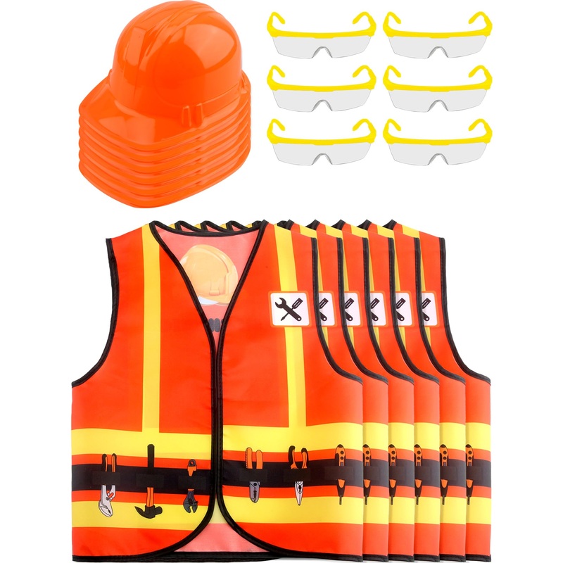 Puteraya 18 Pcs Kids Construction Worker Costume Include 6 Pcs Construction Vests 6 Pcs Construction Hats 6 Pcs Goggles for Care