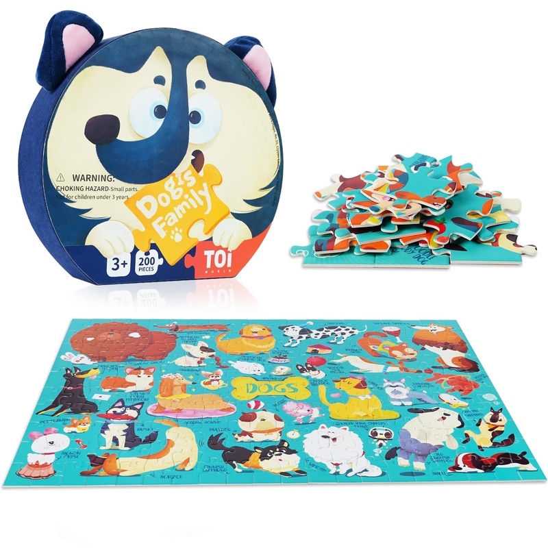 Toi Dog’S Family Puzzle For Kids Ages 3-5, 200 Pieces Dogs Jigsaw Puzzles For Toddlers With Dog-Shaped Gift Box, Preschool Learn