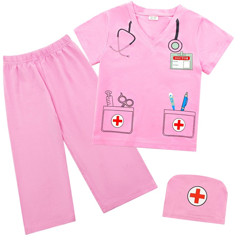 Wosixima Toddler Boys Girls Doctor Costume, Halloween Nurse Scrubs for Kids, Child Career Day Role Play Short Sleeve T-Shirt Pan