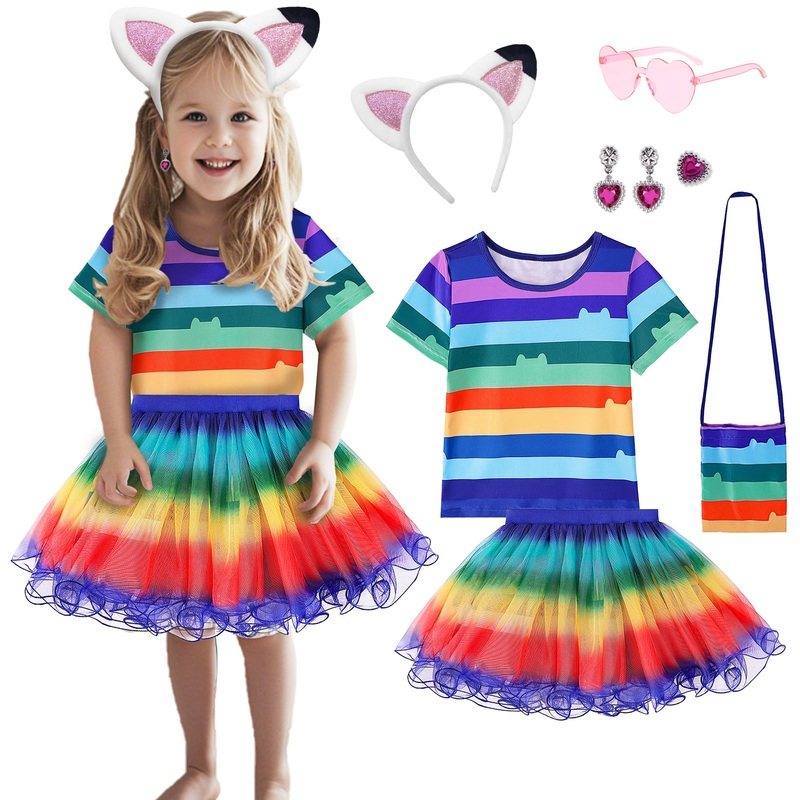 Yodison Cat Dollhouse Rainbow Tutu Dress For Girls, Birthday Outfit Set Costumes With Headband And Bag Halloween Party (110Cm/3-