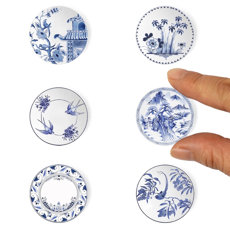 6Pcs Handcrafted Miniature Ceramic Plates In 1:12 Or 1:6 Scale, Vintage Porcelain Playhouse Dishes (3Cm, Blue-White C)