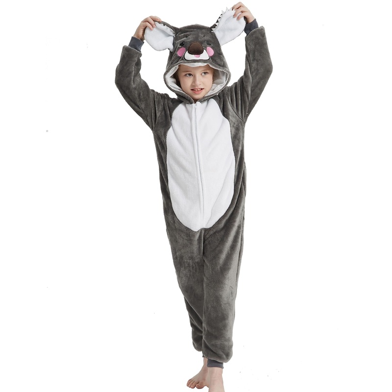 Acogna Onesie Kids Plush Animal Koala Costume One Piece Pajamas Girls Boys Teen Halloween Cosplay Sleepwear Gray 10-11 Years