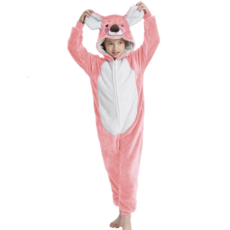 ACOGNA Onesie Kids Plush Animal Koala Costume One Piece Pajamas Girls Boys Teen Halloween Cosplay Sleepwear Pink 8-9 Years