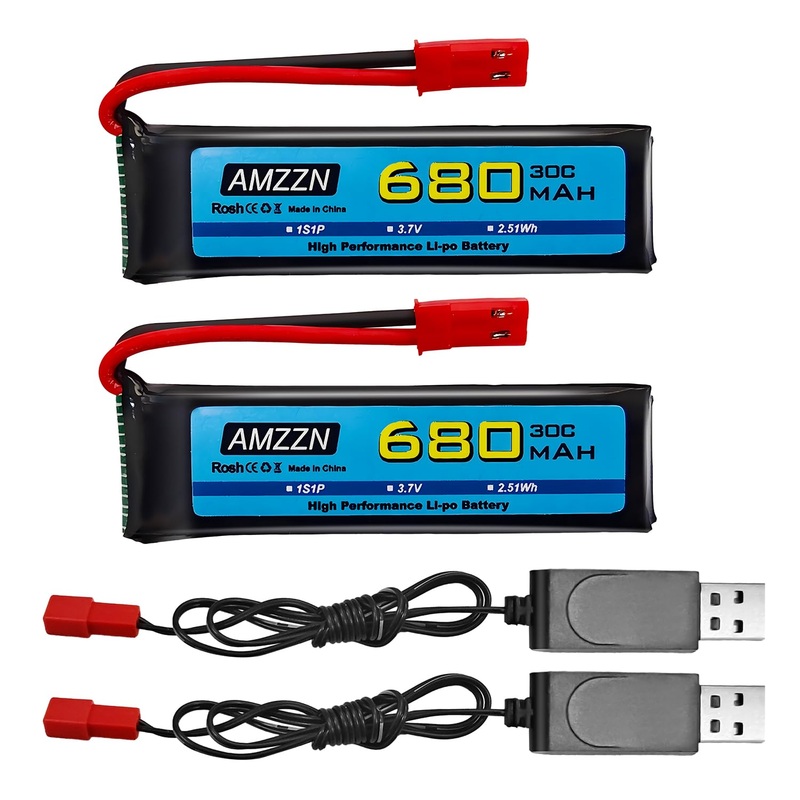 Amzzn 2Pcs 3.7V 680Mah 1S Lipo Battery With Jst Plug And Usb Charging Cable For Udi U817 U818A V959 V222 V929 S032 Rc Drone, Fou