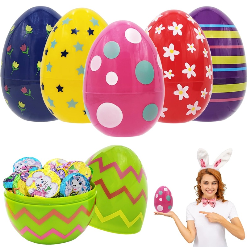 Chochkees Jumbo Painted Fillable Easter Eggs Colorful Plastic Easter Eggs, Perfect For Easter Egg Hunt, Surprise Egg, Easter Hun