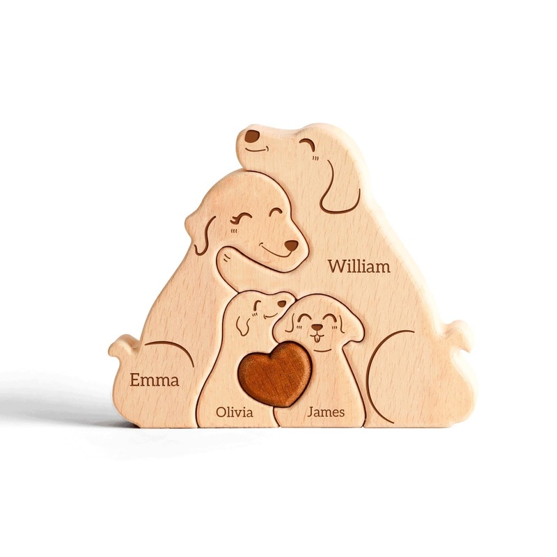 Customizedbee Wooden Dog Family Puzzle, Personalized Puzzles With 2-5 Names, Father’S Day Mother’S Day Birthday Gifts For Toddle
