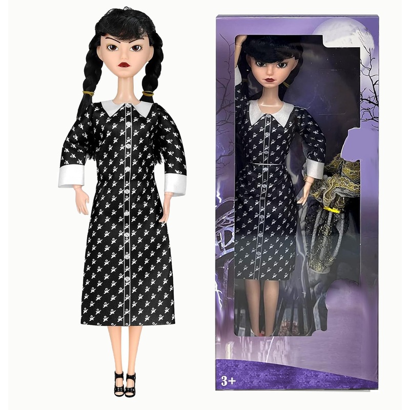 Dumwick 11.5”Addams Doll,Long Sleeve Dots Dress,Red Lips,Made to Move Addams Dolls,Birthday Gifts for Kids Girls Fans (b,1pc)
