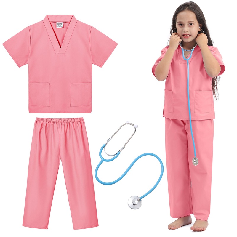 Giaford Kids Scrubs with Toy Stethoscope, Toddler Doctor and Nurse Dress Up Costume for Boys and Girls, Age 3-8