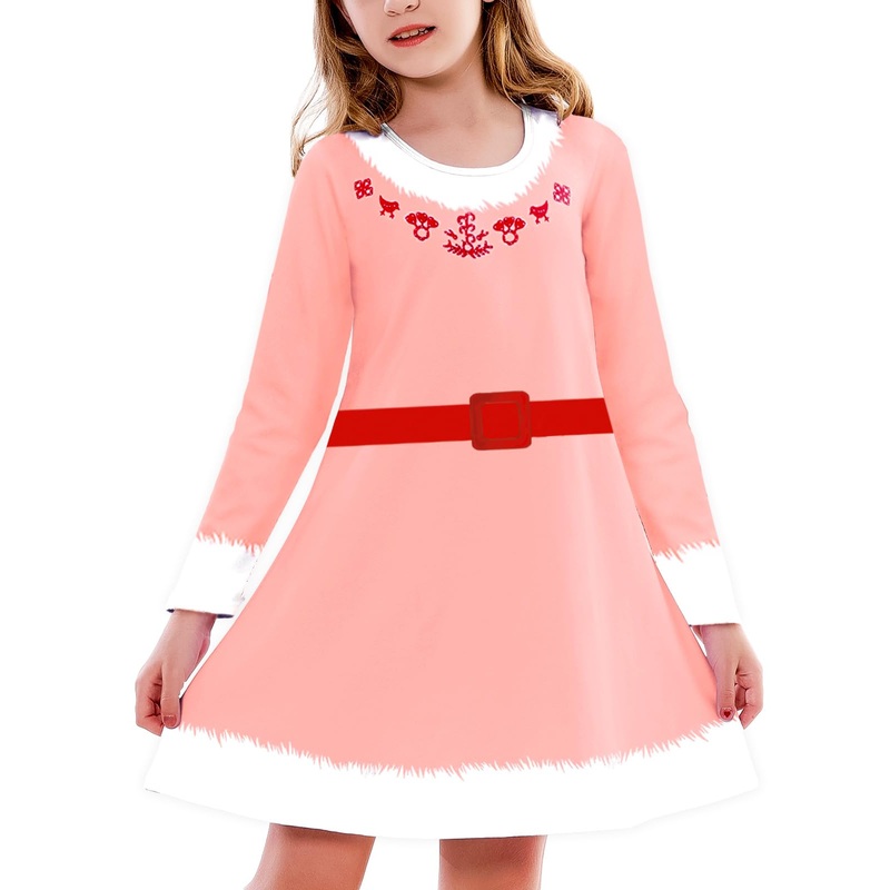 Girls Christmas Dresses Knee Length Pink Elf Skater Dress Xmas Aline Dress 7-8 Years