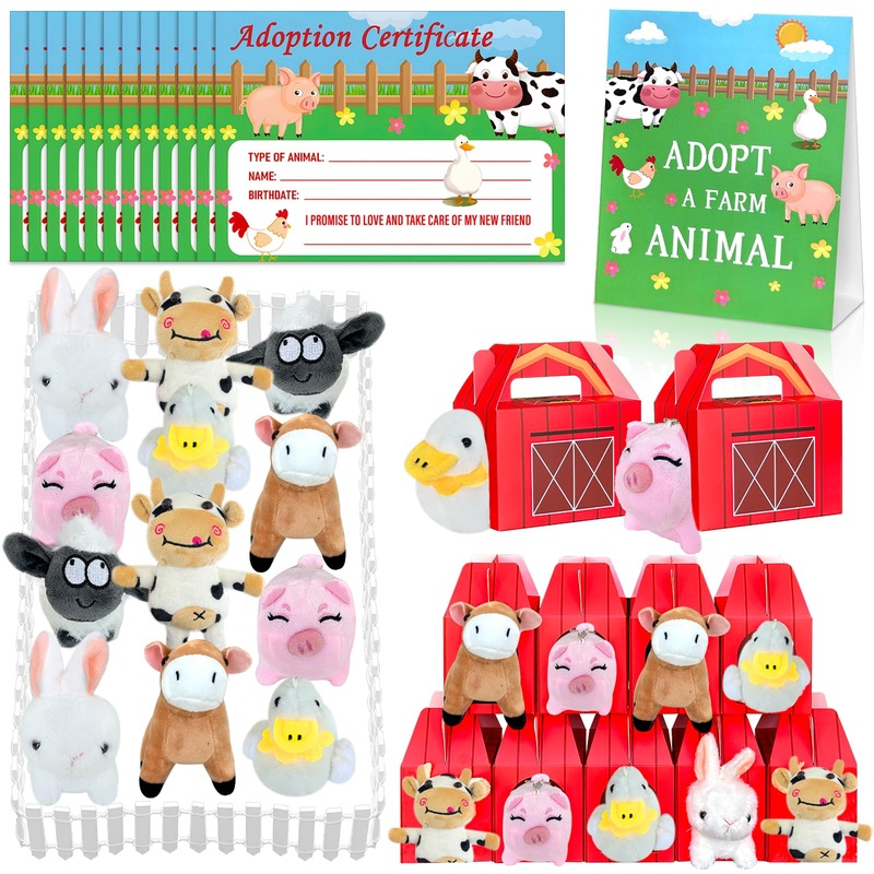 Jiytivity 38 Pcs Farm Animal Party Favors Include 12 Foldable Farm Boxes 12 Mini Stuffed Animals 12 Adoption Card 1 Adopt Sign 1