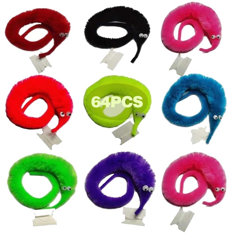 LE TOOTER 64 PCS Fuzzy Worm Toys, String Worm Pets Fuzzy Worms On String Bulk Trick Toy Party Favors for Kid Cat (8 Colors)