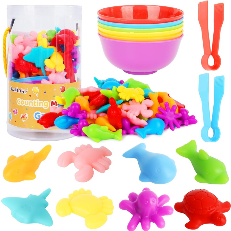 MCPINKY 64PCS Counting Ocean Animals Matching Games for Toddlers, Color Sorting Toys with Bowls Preschool Learning Activities fo