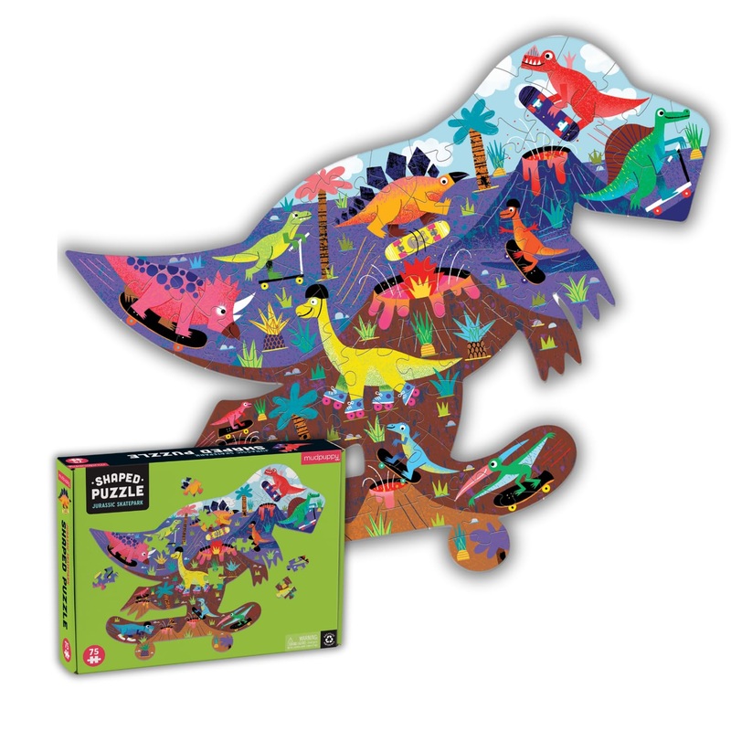 Mudpuppy Jurassic Skatepark – 75 Piece Unique Dino Shaped Scene Puzzle with Colorful and Fun Illustrations of Jurassic Life for