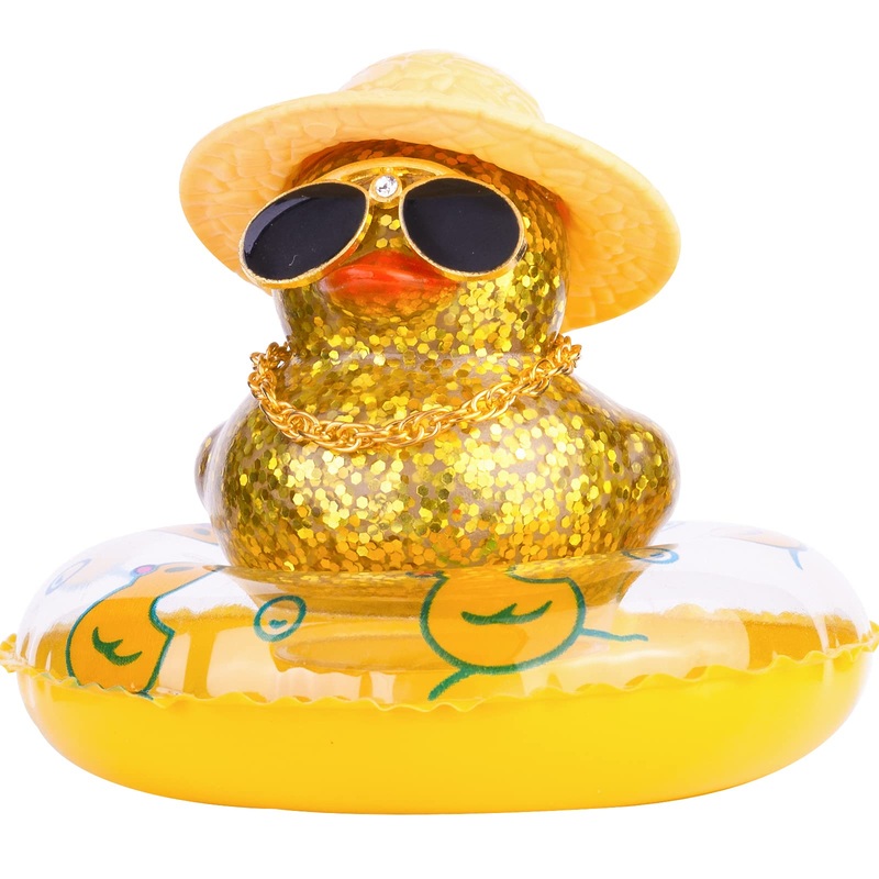 Mumyer Sequin Duck Car Ornament, Rubber Duck Dashboard Decorations Accessories With Mini Sun Hat Swim Ring Necklace Sunglasses(C