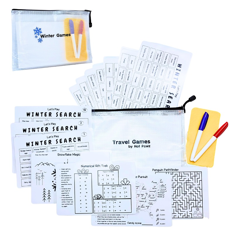 Travel Games For Families: Winter Highway Game, 36 Unique Games, Reusable Laminated Cards with 2 Dry Erase Markers, Kid Scavenge
