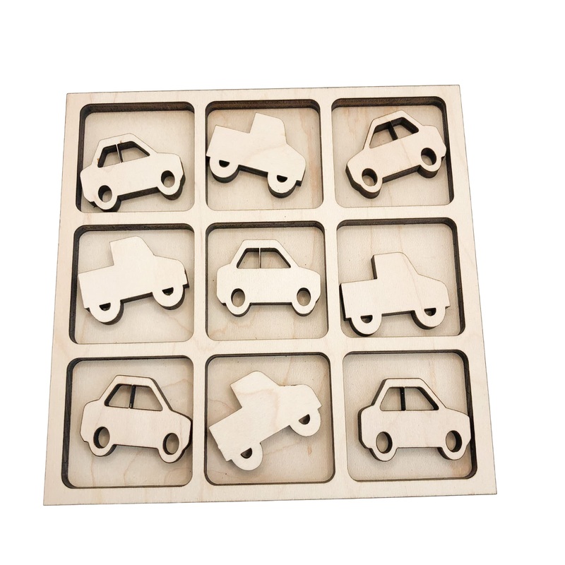 Vroom Themed Tic Tac Toe Board Game, 5X5 Inches Unfinished Wood Diy Painting Craft Kit For Kids With Wooden Cars & Trucks, Avtrb