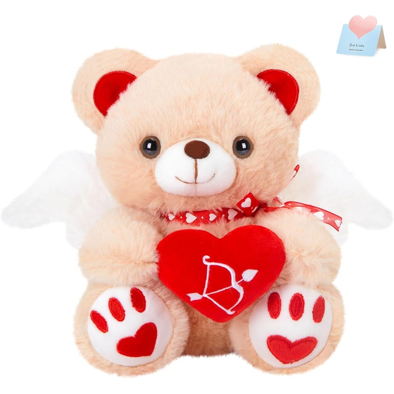 WEWILL 8” Cute Valentines Teddy Bear Stuffed Animal with Love Heart Cupid Wings Love Bear Soft Plush Toy Valentines Birthday fo