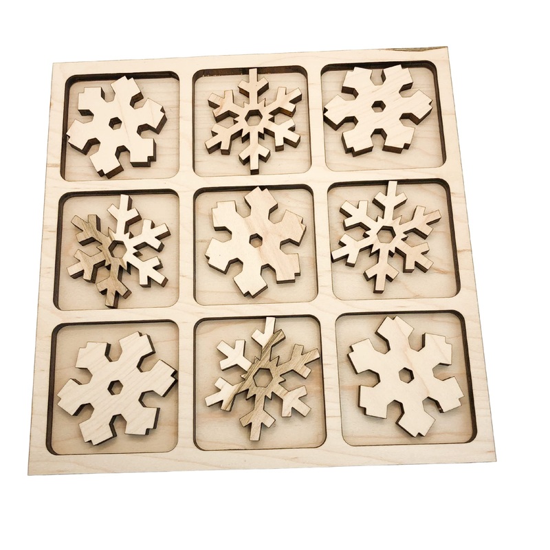 Winter Themed Tic Tac Toe Board Game, 5X5 Inches Unfinished Wood Diy Painting Craft Kit For Kids With Wooden Christmas Snowflake