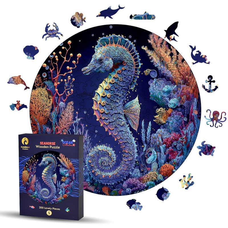 Wooden Jigsaw Puzzles for Adults – Animal Shaped Puzzles – Round Wooden Ocean Puzzles – Christmas & Birthday Gift Idea – Seahors