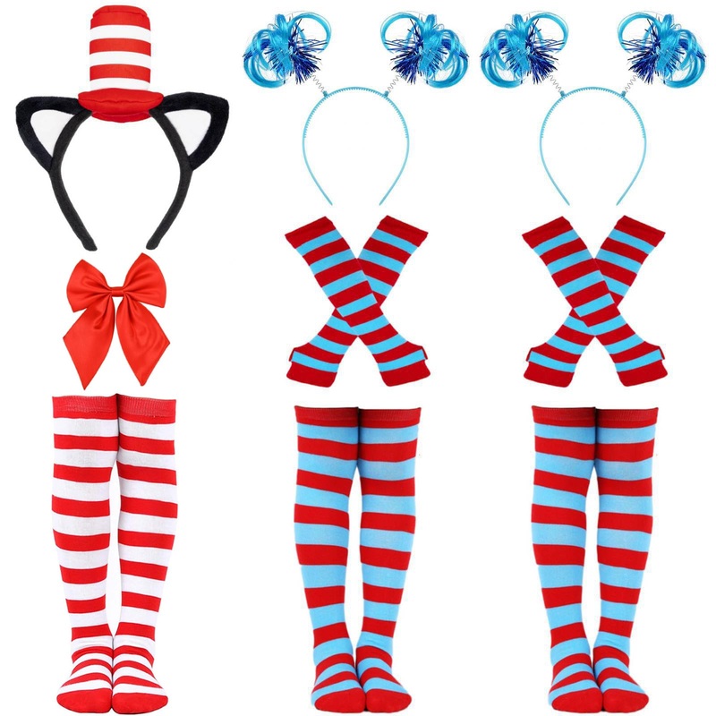 World Book Costume Set Include Striped Hat Headband Furry Headband Striped High Knee Socks Arm Warmer Gloves Cute Outfits (Style