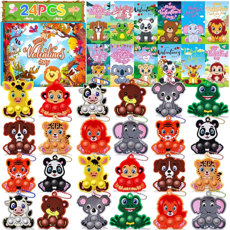 24 PACK Valentines Day Gifts for Kids,Valentines Cards for Kids Classroom with Animals Pop Fidget Toys,Valentines Exchange Gifts