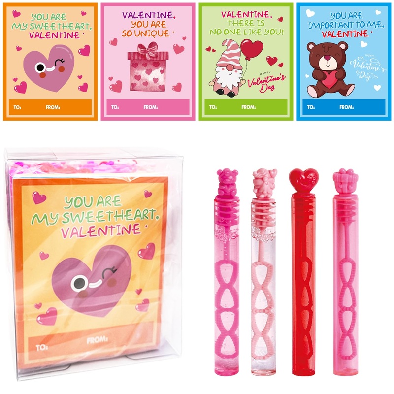 28 Pack Cards for Kids, 4 Different Designs Cute Bubble Wands with Valentines Gift Cards for Boys Girl School Classroom Exchange