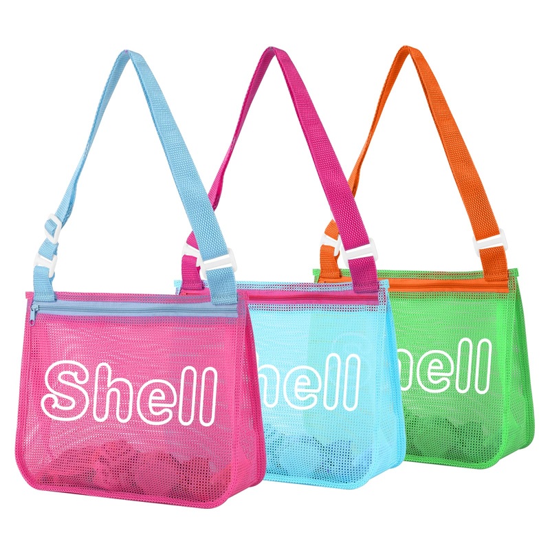 3Pcs Kids Letter Beach Shell Bag, Seashell Mesh Zipper Beach Pouch, Shell Collecting Bag for Holding Shells with Adjustable Stra