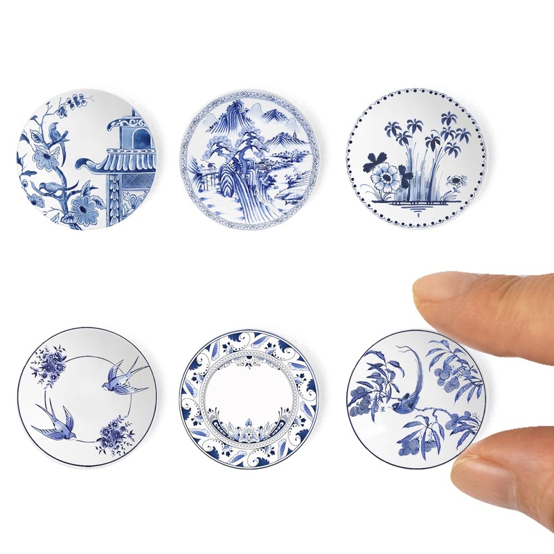 6PCS Handcrafted Miniature Ceramic Plates in 1:12 or 1:6 Scale, Vintage Porcelain playhouse dishes (2.3CM, Blue-White A)