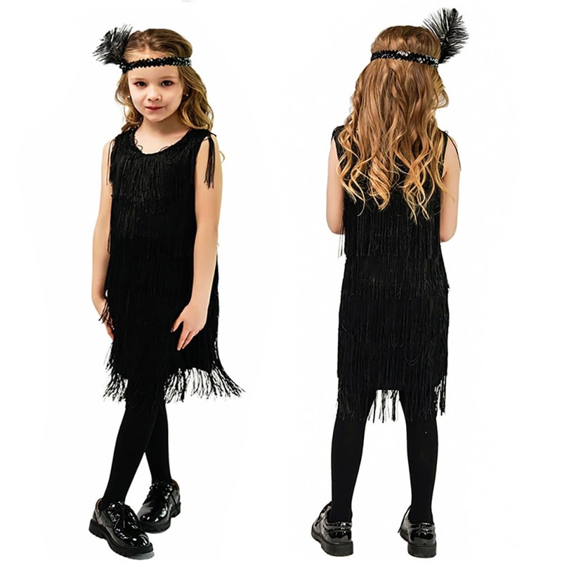 ABAFIP Girls 1920s Flapper Dress Fringe Tassel 20s Party Halloween Concert Festival Outfits Black 10-12 Years