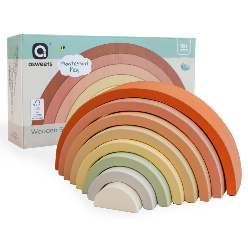 Asweets Wooden Stackable Rainbow Toy, 8 PCS Wooden Building Blocks Set for 1 2 3 Baby, Kids and Toddlers, Montessori Rainbow Nes