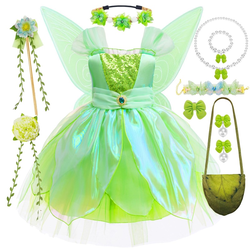 BUBBIZOZO Girl Tinkerbell Cosplay Costume 7pcs Set, Kid Fairy Halloween Princess Dress Up with Wings Wand Necklace (TinkerBell M