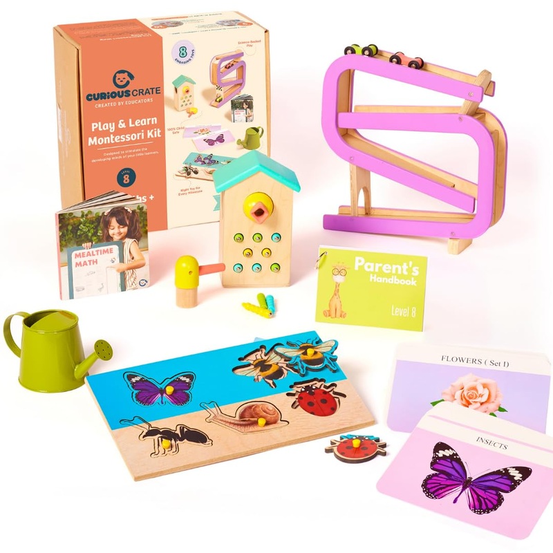 CURIOUS CRATE Wooden Montessori Toys Box for Toddlers | 7 in 1 Learning Educational Toys – Magnetic Bird Feeder, Car Ramp, Water