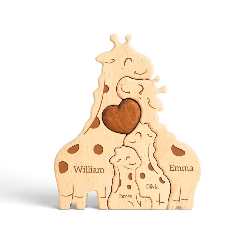 Customizedbee Wooden Giraffe Family Puzzles, Personalized Puzzles with 2-5 Names, Mothers Day Fathers Day Thank You Gift for Mom