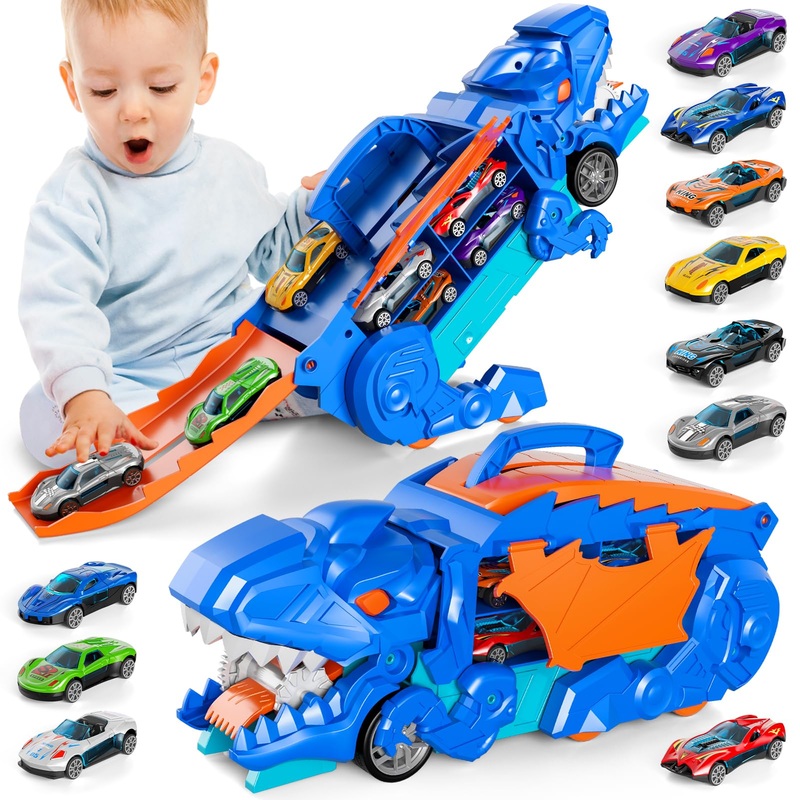Dinosaur Truck Ultimate Hauler Track Toy for Boys, Transform into Stomping Dinosaur with Race Track Toddler Toys Gifts for Kids