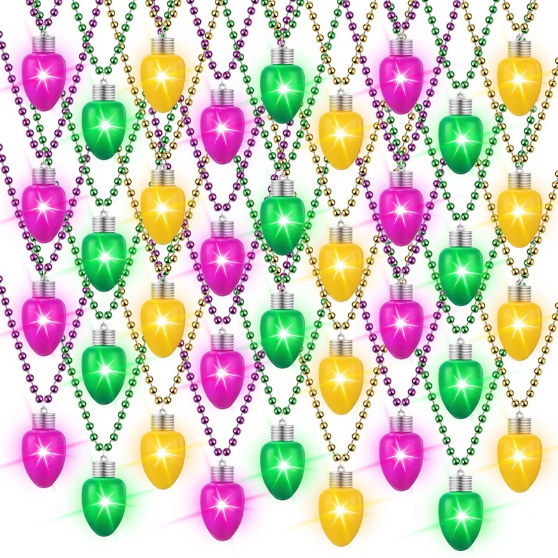 Ferreve 24 Pcs LED Mardi Gras Beads Necklace Colorful Light up Bulb Necklaces Mardi Gras Lanyard Glow Necklace Mardi Gras Tossin