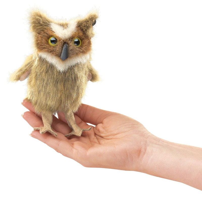 Folkmanis Mini Great Horned Owl Finger Puppet, Brown, White, Black