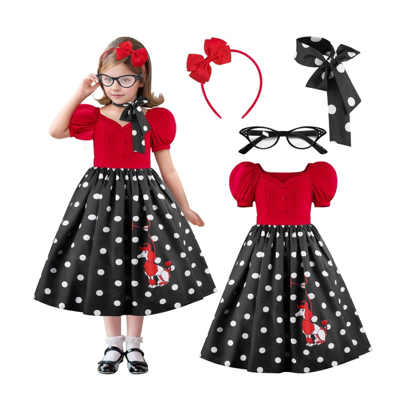 GRIVOS 1950s Polka Dot Poodle Skirt Costume Poodle Skirts For Girls 50s Outfit For Girls With Scarf Headband Glasses
