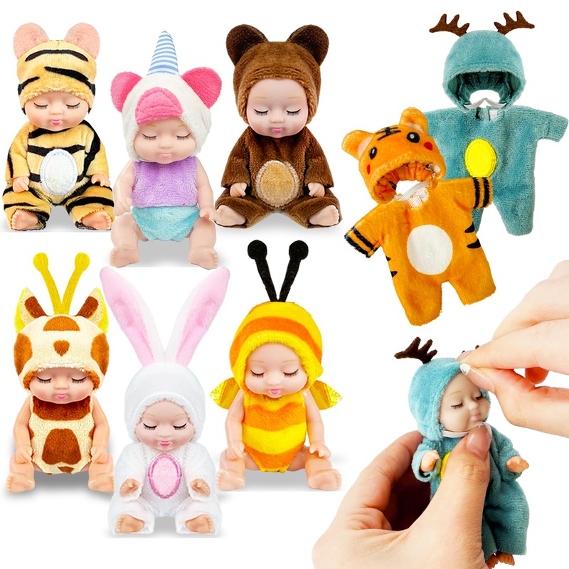 Haawooky 6 Pcs 4 Inch Mini Baby Dolls,Cute Small Baby Doll Toys with 8 Pcs Animal Clothes,Lifelike Realistic Reborn Tiny Baby Do