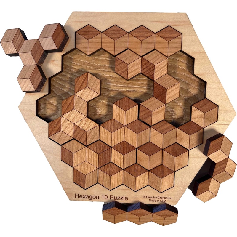 Hexagon 10 Wood Puzzle Brain Teaser, 20 Solutions, USA Made Logic Game