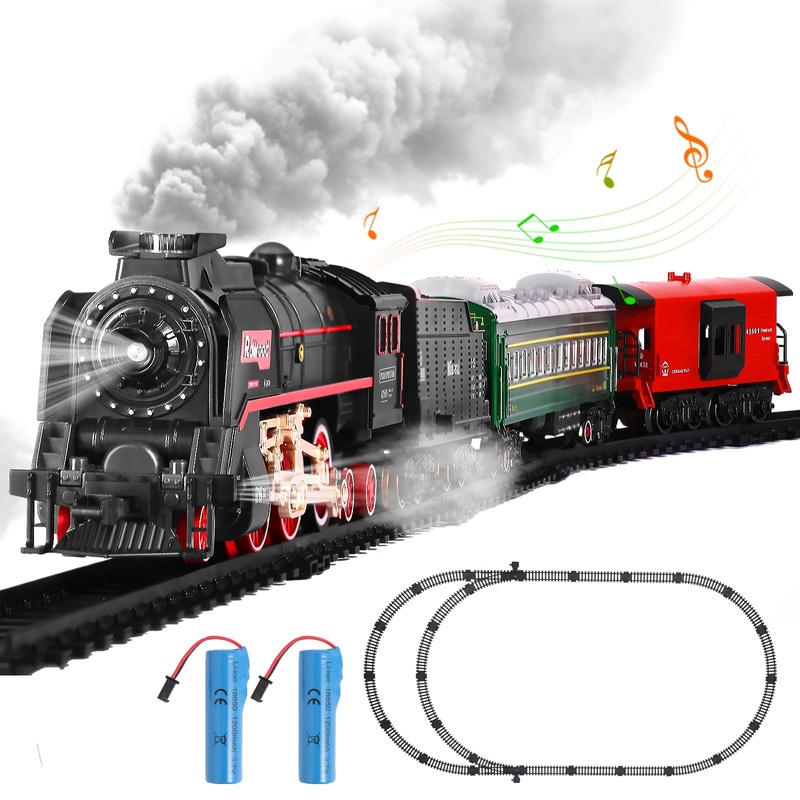 HOGUWID Train Set, Christmas Train Sets for Around The Tree Electric Train with Steam, Lights and Sound, Model Train Set for Kid