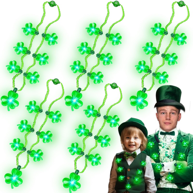 iGeeKid 5 Pack St. Patrick’s Light Up Necklace Each 7 Shamrocks Bulb Light LED Green Shamrocks Necklaces St. Patrick’s Day Party