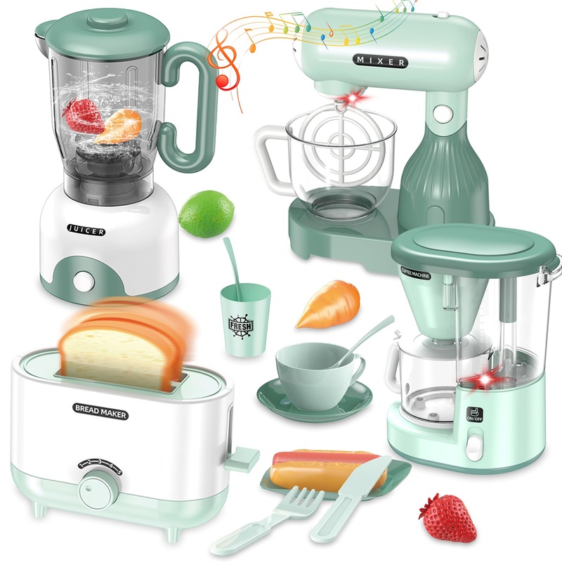 Kids Kitchen Set, Pretend Play Kitchen Appliance Toy Set with Coffee Maker, Toaster, Blender, Mixer, Kitchen Toys with Light & S