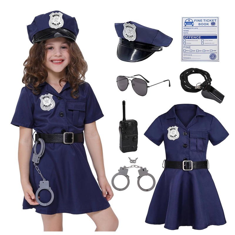 Koatobbor Girls Police Officer Costume Kids Cop Outfit for Halloween Cosplay Costume with Badge Necklace (5-6 Years)