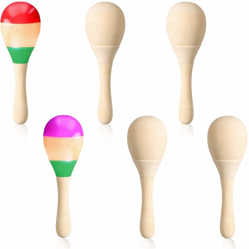 Leitee 6 Pcs DIY Mini Wooden Maracas Rattles Egg Shaker Kids Musical Party Favor Baby Shaker Sand Hammer Toy, Assorted Designs,