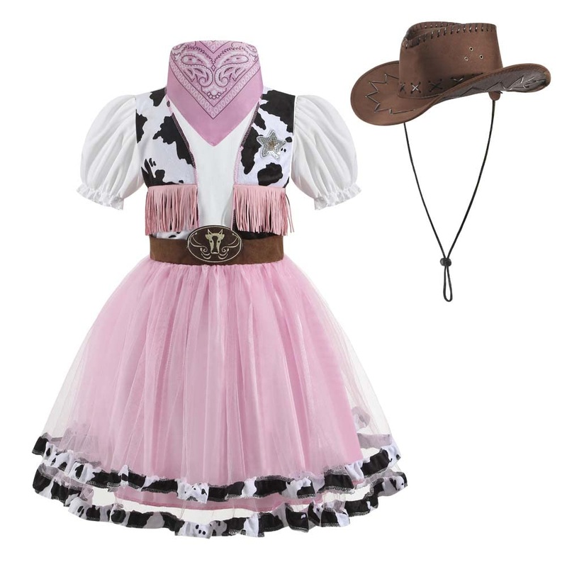 LMYOVE Cowgirl Halloween Costume for girls, Role Play Party Dress Up Outfit for Kids (XX-Large, Pink & White)