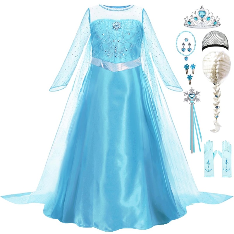 Luzlen Elsa Dress for Girls Toddler Snow Princess Costume Blue with Wig Halloween Birthday Party Dress Up Outfits, 7-8Y(Tag 150)