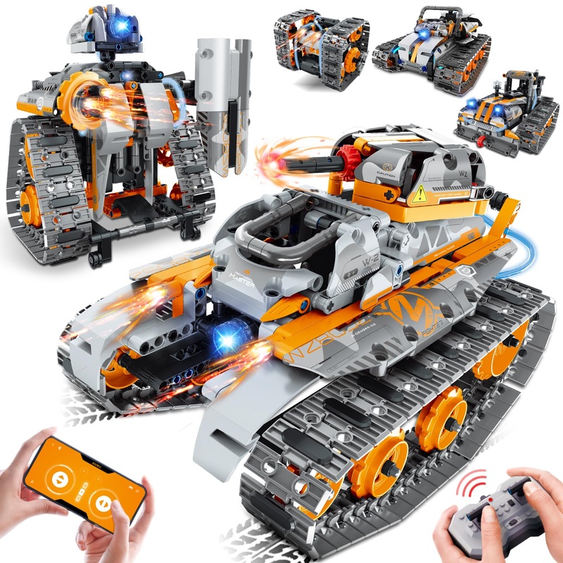 MOJINO 5 in 1 STEM Building Set with LED Light, APP & Remote Controlled Cars Building Toys Kit, RC Robot Tank Sleigh Tracked Rac